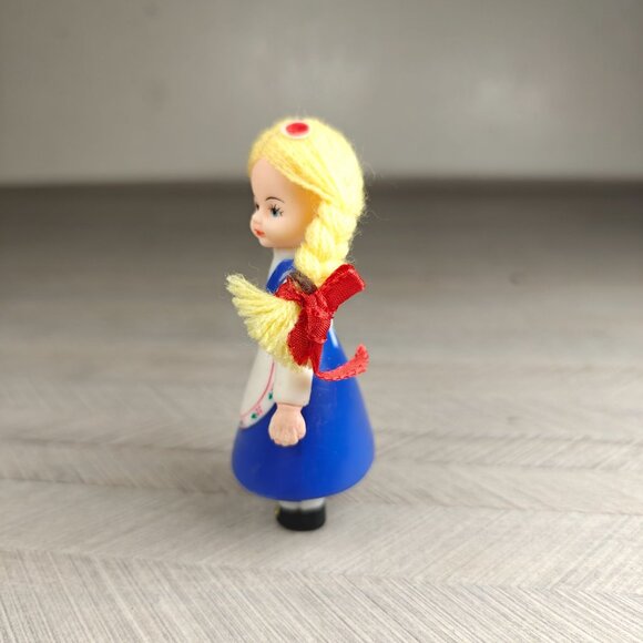 Vintage Swiss Miss Girl Ornament 3 Inches With Blonde Braids & Red Bows - Picture 2 of 6